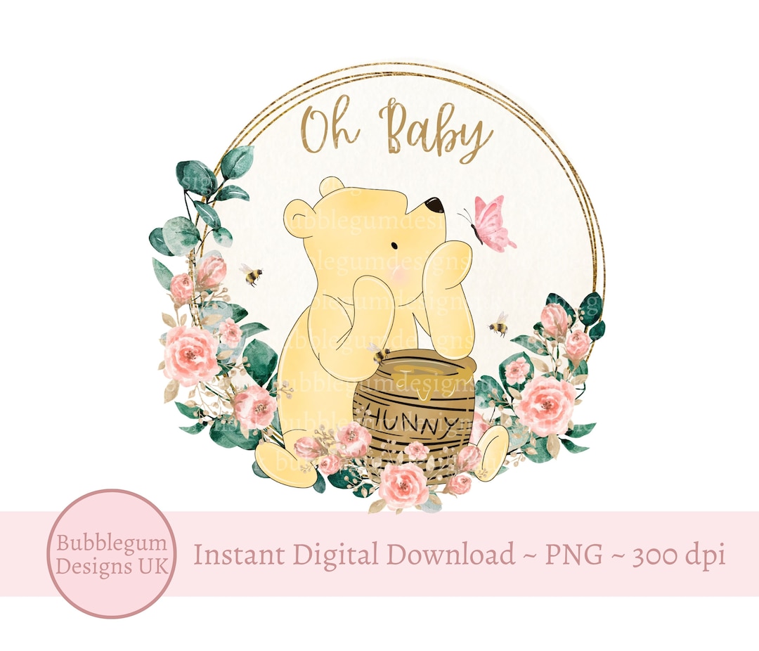 Classic Winnie the Pooh Oh Baby Pink Floral Wreath PNG, Winnie the Pooh