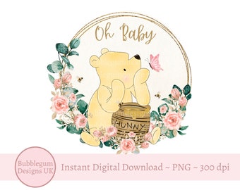 Classic Winnie The Pooh Oh Baby Pink Floral Wreath PNG, Winnie The Pooh Baby Shower Sublimation, Pooh Honey Pot, Instant Digital Download