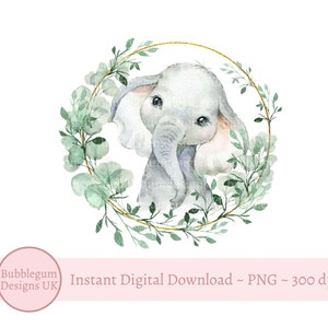 Ghirlanda di elefantino con fogliame verde in formato PNG, ghirlanda di elefanti ad acquerello, design a sublimazione safari, 1° compleanno, baby shower, download digitale