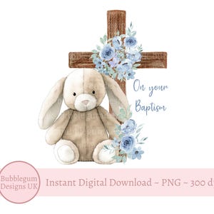 Cruz Floral de Coelho Azul PNG, No Seu Batismo, Design de Sublimação de Coelho, Cruz de Madeira Floral, Cruz de Dia de Batizado, Download Digital Instantâneo