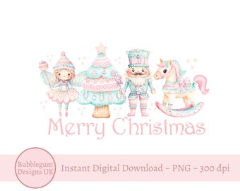 Merry Christmas Pastel Pink Nutcracker PNG, Christmas Sublimation Design, Christmas Sweater Design, Christmas Sack, Instant Digital Download