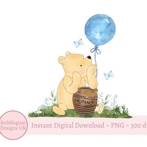 Diseño clásico de sublimación de globo azul de Winnie Pooh para cumpleaños (PNG), diseño para el primer cumpleaños de Winnie Pooh, descarga digital instantánea