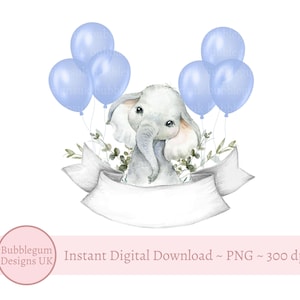 Palloncini blu elefante bambino PNG, design di sublimazione elefante, neonato, baby shower, clip art neonato, download digitale istantaneo