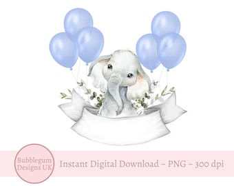 Baby Elephant Blue Balloons PNG, Elephant Sublimation Design, New Baby, Baby Shower, Baby Boy Clip Art, Instant Digital Download