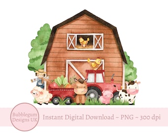 Farm Barn PNG, Farm Animals Sublimation Design, Farm T Shirt Design, Birthday Card Design, Cow, Lamb, Pig, Instant Digital Download