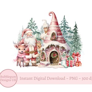 Maison de fée de Noël rose Père Noël & cerf PNG, sublimation de Noël, conception de carte de Noël, conception de sac de père Noël, téléchargement numérique instantané