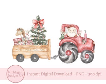 Noël père Noël tracteur & arbre remorque Design en sublimation, tracteur rouge PNG, Noël ferme tracteur T Shirt Design, téléchargement immédiat