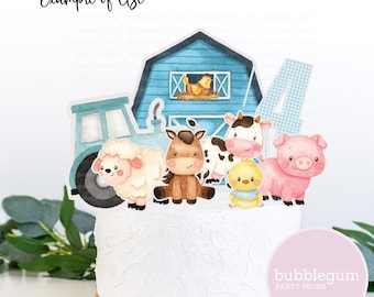 May include: A blue and white barn cake topper with a tractor, a cow, a pig, a chick, and a sheep. The topper is perfect for a farm-themed birthday party.