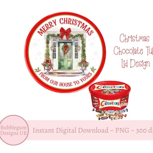 Frohe Weihnachten von unserem Haus zu Ihrem Schokoladenwanne Deckel Design, PNG, Printable Chocolate Candy Wannen Deckel, Aufkleber, Sofortiger digitaler Download