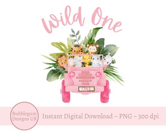 Wild One Baby Safari Animals Pink Truck PNG, Watercolor Baby Animals, T Shirt Sublimation, Birthday Card image , Instant Digital Download
