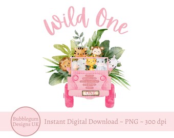 Wild One Baby Safari Animals Pink Truck PNG, Watercolor Baby Animals, T ...