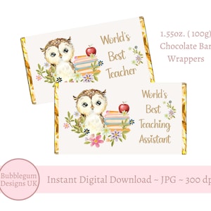 2 embalagens para barras de chocolate "World's Best Teacher Teaching Assistant", com design de coruja, 1,55 oz (100 g), download digital instantâneo