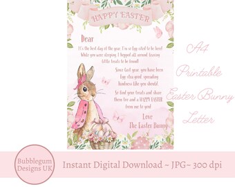 A4 Easter Bunny Letter, Pink Happy Easter Bunny Note, Easter Rabbit Letter, JPG, Printable Letter, Instant Digital Download