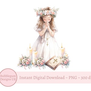 Erste heilige Kommunion PNG, Mädchen 1st Kommunion Sublimationsdesign, rosa Blumenkommunion, Bibel, betendes Mädchen, sofortiger digitaler Download