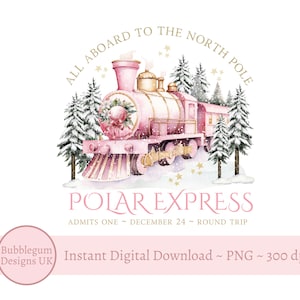 Disegno a sublimazione del treno espresso di Natale rosa, PNG, disegno per maglietta natalizia, disegno del sacco di Babbo Natale, treno del Polo Nord, download digitale istantaneo
