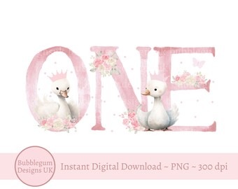 1st Birthday Swans Pink One PNG, Swans Sublimation Design, Girls First Birthday Party Decor, Birthday Swans, Instant Digital Download