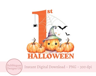 My 1st Halloween Cute Pumpkin PNG, Halloween Baby Vest Design, First Halloween Baby T-Shirt, Halloween Treat Bag, Instant Digital Download