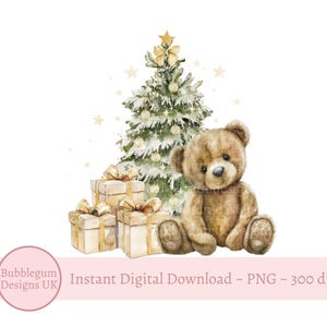 Gold Teddy & Weihnachtsbaum PNG, Weihnachtsbär Sublimationsdesign, Weihnachtskartendesign, Weihnachtssack Design, sofortiger digitaler Download