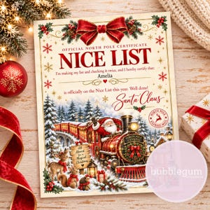 May include: An official North Pole Nice List certificate for Amelia, featuring a red bow, gold snowflakes, and a festive illustration of Santa Claus driving a red steam train through a snowy forest with a deer, rabbit, and hedgehog.