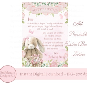 Carta de conejo de Pascua A4, nota de conejo de Pascua rosa, carta de conejo de Pascua, JPG, carta imprimible, descarga digital instantánea