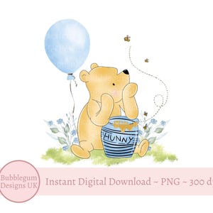 Conception classique de sublimation d'anniversaire de ballon bleu de Winnie l'ourson, PNG, conception de 1er anniversaire de Winnie l'ourson, nouveau bébé, téléchargement numérique instantané