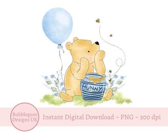 Boy Blue Balloon Classic Winnie the Pooh PNG, Vintage Pooh With