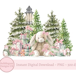 Rosa Hase Waldland Weihnachten PNG, Weihnachtskaninchen Sublimationsdesign, Weihnachtskartendesign, Weihnachtssack Design, sofortiger digitaler Download