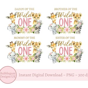 4 x Bebê Safari Animais Meninas Wild One PNGS, Wild One Família T Camiseta Sublimação Designs, Família Aniversário T Camiseta, Instant Digital Download