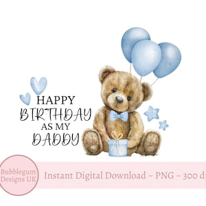 Ours en peluche bleu ballons anniversaire papa PNG, anniversaire sublimation design, ours bleu, anniversaire papa, téléchargement immédiat