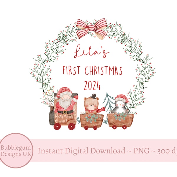 Santa & Friends 1st Christmas Train PNG, Christmas Santa Bear Penguin Train Design, Christmas Holiday Sublimation, Instant Digital Download
