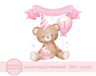Watercolor Teddy Bear Pink Balloons 1st Birthday PNG, First Birthday ...