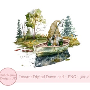 Gnomo pescador PNG, diseño de sublimación de pesca, gnomo pescador del día del padre, clipart de gnomo, pescador, barco de pesca, descarga digital instantánea