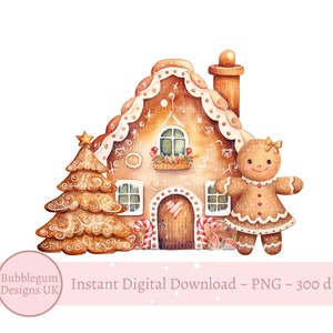 Casa de jengibre navideña y niña PNG, diseño de sublimación navideña, diseño de tarjeta navideña, diseño de saco de Papá Noel, descarga digital instantánea