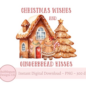 Lebkuchen Cookie House PNG, Weihnachtswünsche & Lebkuchenküsse, Weihnachtstasse Sublimation, Lebkuchen Mädchen, sofortiger digitaler Download