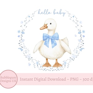 Hallo baby Floral Goose-krans PNG, Blue Bow Floral Goose-sublimatieontwerp, Silly Goose-clipart, Silly Goose, instant digitale download