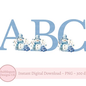 Alfabeto de Natal de boneco de neve azul fofo PNG, boneco de neve 26 letras individuais alfabeto clipart, alfabeto de Natal, download digital instantâneo