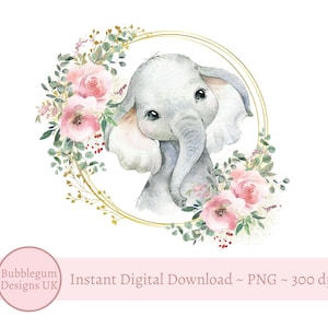 Baby Elephant Pink Floral Wreath PNG, Akwarela Elephant, Projekt sublimacji, Obraz karty urodzinowej, Natychmiastowe pobieranie cyfrowe,