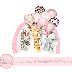 Animales de safari rosados, arcoíris y globos PNG, lindo elefante, jirafa, cebra, rosa salvaje, cumpleaños de safari, descarga digital instantánea