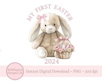 Pink My First Easter 2024 Lop Ear Bunny & Basket Sublimation Design, PNG, Easter Bunny, 1st Easter, Bunny Rabbit, Instant Digital Download