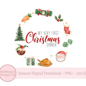 My Very First Christmas Dinner Wreath PNG, Christmas Clipart, 1st Christmas Design, Christmas Bib Sublimation,  Instant Digital Download