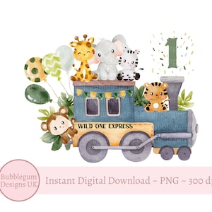 Animales de safari bebé salvaje en tren PNG, animales bebé de acuarela, diseño de sublimación de camisetas, diseño de tarjeta de cumpleaños, descarga digital instantánea