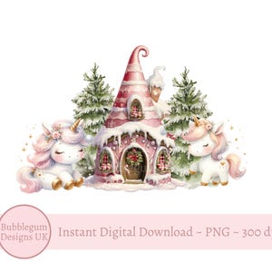 Maison de fée de Noël rose & licornes PNG, boîte de réveillon de Noël, sublimation de sac de Noël, 1er Noël des filles, téléchargement immédiat