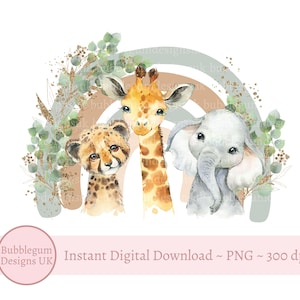Animais de Safari Neutros Arco-íris PNG, Elefante Bonito, Girafa, Leopardo Clipart, Design de Cartão de Bebê Novo, Aniversário de Safari, Download Digital Instantâneo