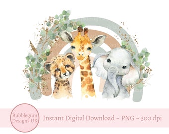 Neutral Safari Animals Rainbow PNG, Cute Elephant, Giraffe, Leopard Clipart, New Baby Card Design, Safari Birthday, Instant Digital Download
