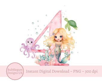 Mermaid PNG, Mermaid 4th Birthday Sublimation Design, Under the Sea PNG, Mermaid Digital Design, Mermaid Birthday, Instant Digital Download