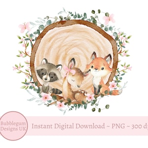 Tranche de bûche de bébé animaux de la forêt, Shower de bébé des bois PNG, clipart forêt, anniversaire des bois Sublimation Design, téléchargement immédiat