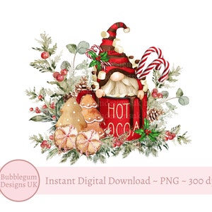 Gnome Hot Cocoa Mug PNG, Christmas Sublimation Design, Hot Chocolate Bar Sign, Gingerbread Mug,  Holiday Gnome PNG, Instant Digital Download