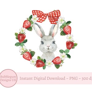 Couronne de fraises lapin gris PNG, aquarelle lapin en sublimation, conception de cartes d'anniversaire lapin, fraises, téléchargement immédiat