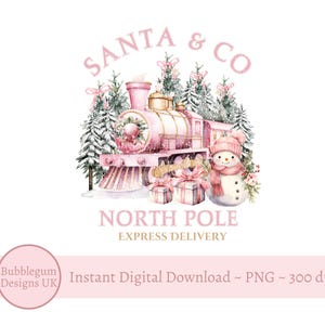 Puede incluir: Una ilustración acuarela rosa y blanca de un tren con un conductor de muñeco de nieve. El tren está decorado con árboles de Navidad y el texto "SANTA & CO NORTH POLE EXPRESS DELIVERY".