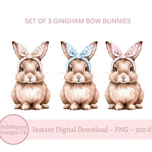Set of 3 Gingham Bow Easter Bunny Sublimation Designs, PNG, Blue, Pink & Neutral Coquette Gingham Bow Rabbits, Instant Digital Download